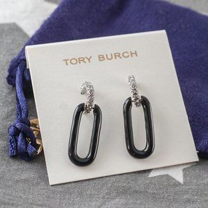 NEW Tory Burch Roxanne Link Crystal Hoop Earrings in Antique Pewter / Black
